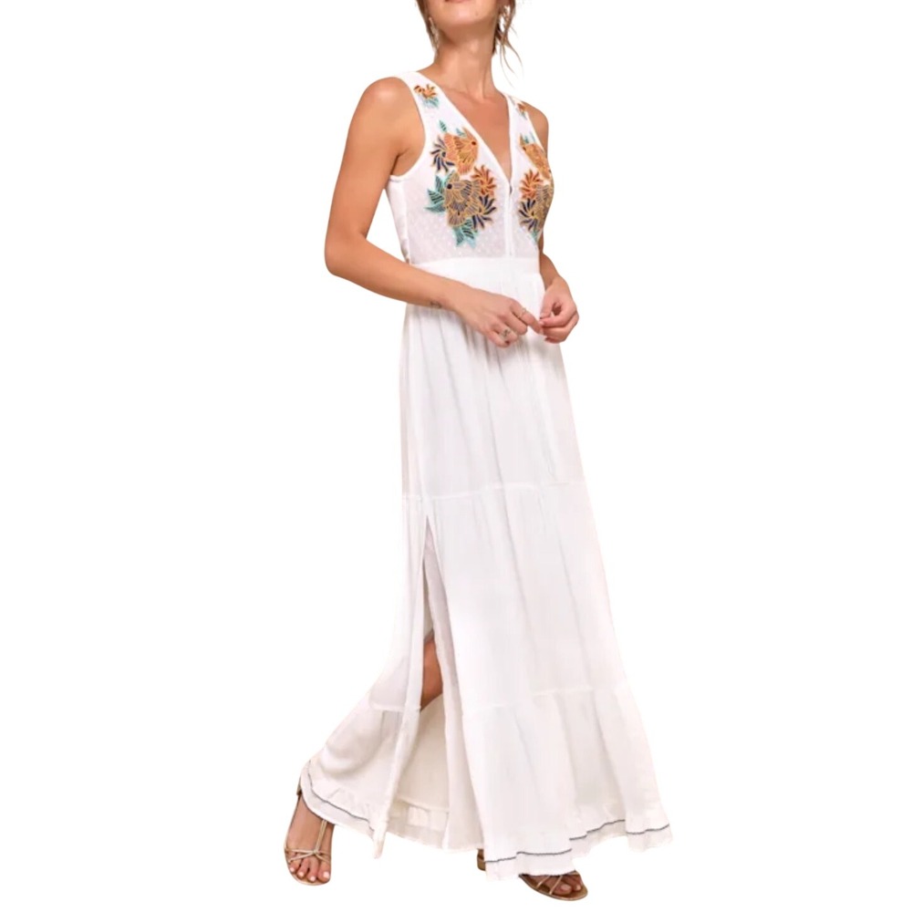 LULUS Tickets To Paradise Tiered Embroidered Maxi Dress Size S White Boho Floral
